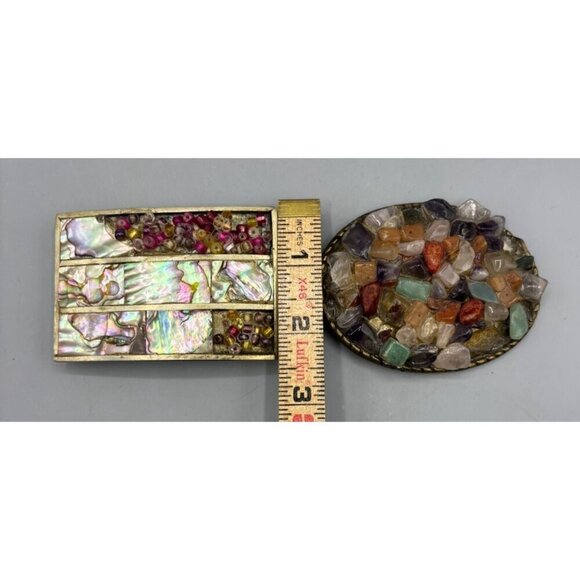 Vtg 2 Pc Stone Shell Bead Inlay Belt Buckle Set Oval Rectangle - Picture 5 of 8